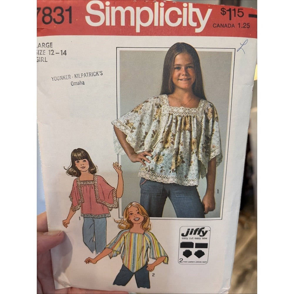 Simplicity 7831 Sewing Pattern Peasant Top Boho Asymmetrical Sleeve Girl 12 Cut
